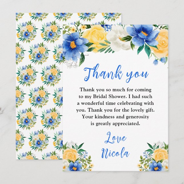 Blue and Yellow Floral Bridal Shower Thank You Card (Front/Back)