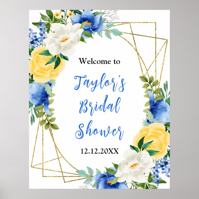 Blue and Yellow Floral Bridal Shower Welcome Sign (Front)