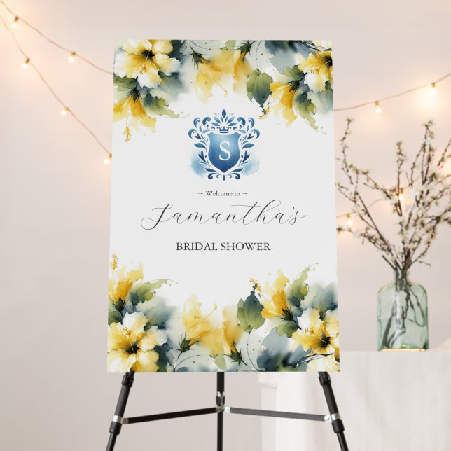 Blue and Yellow Floral Bridal Shower Welcome Signs (In Situ (Stand))