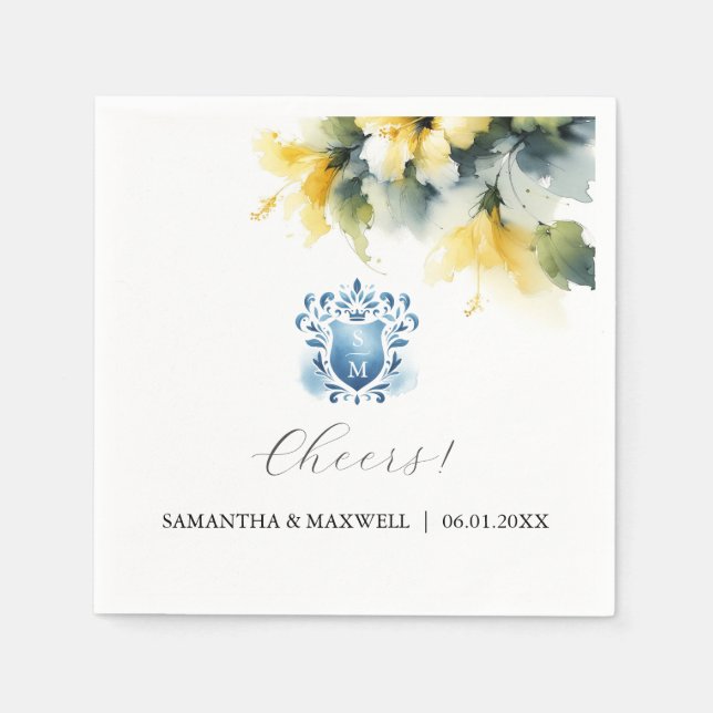Blue and Yellow Floral Crest Napkins (Front)