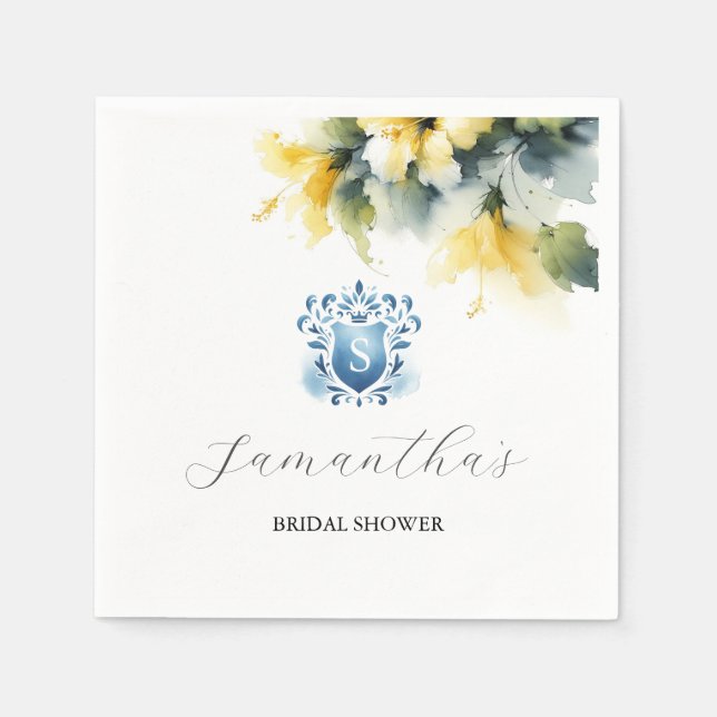 Blue and Yellow Floral Crest Napkins (Front)