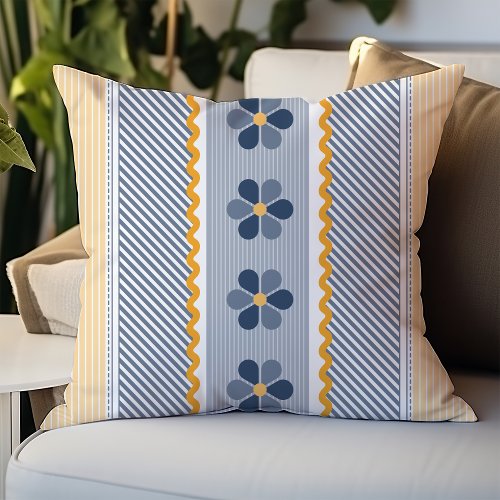 Blue and Yellow Floral Diagonal Stripes Throw Pillow