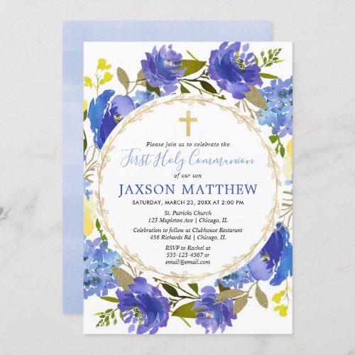 Blue and yellow floral First Holy Communion Invitation