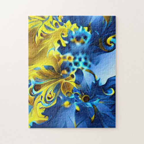 Blue and Yellow Floral Fractal Jigsaw Puzzle