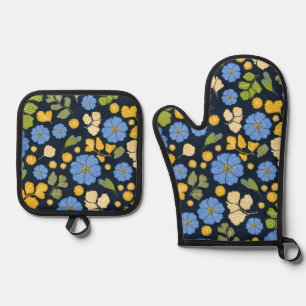 Blue and Yellow Floral Hand-Drawn Oven Mitt & Pot Holder Set
