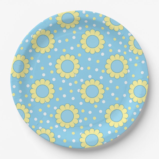Blue and yellow floral pattern paper plates (Front)