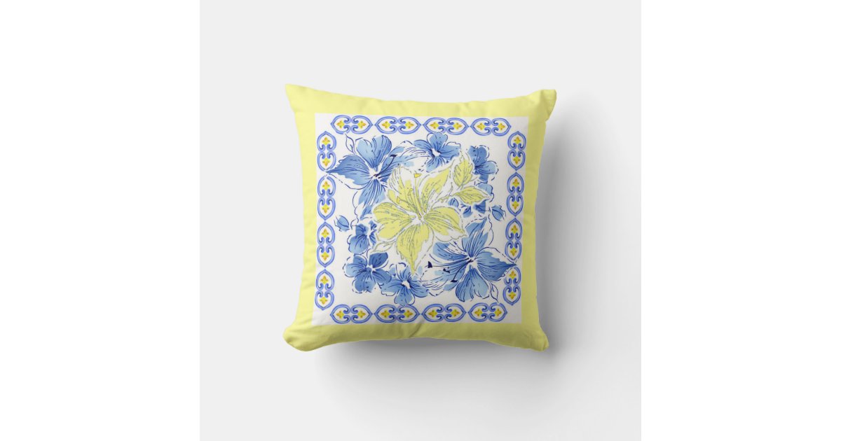Blue and Yellow Floral Pillow w/Yellow Background Zazzle
