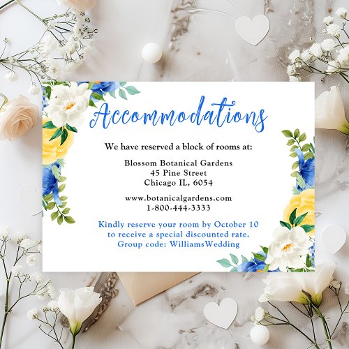 Blue and Yellow Floral Wedding Accommodations Enclosure Card