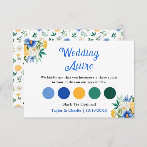 Blue and Yellow Floral Wedding Attire Dress Code Enclosure Card