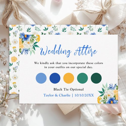 Blue and Yellow Floral Wedding Attire Dress Code Enclosure Card