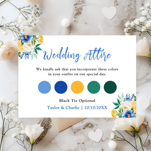 Blue and Yellow Floral Wedding Attire Dress Code Enclosure Card