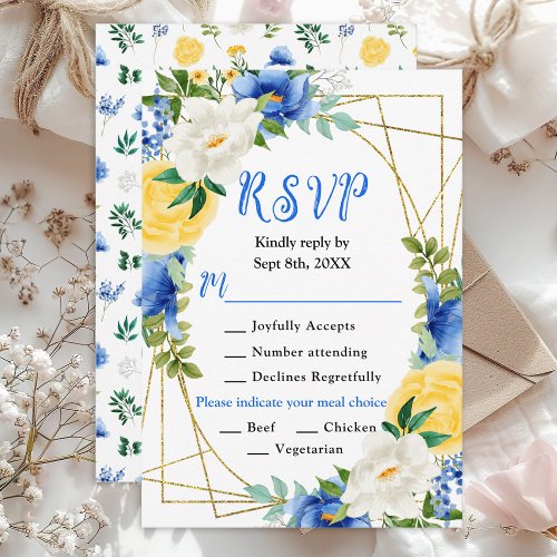 Blue and Yellow Floral Wedding Meal Choice RSVP Card