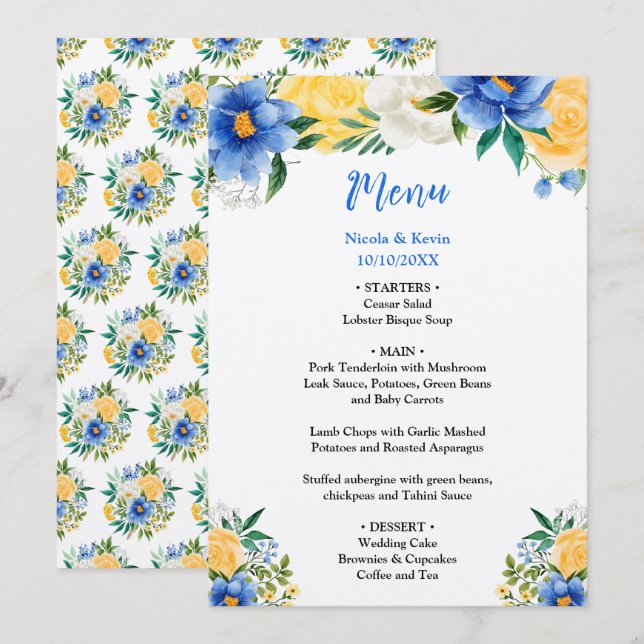 Blue and Yellow Floral Wedding Menu (Front/Back)