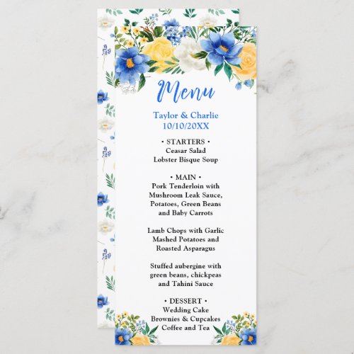 Blue and Yellow Floral Wedding Menu