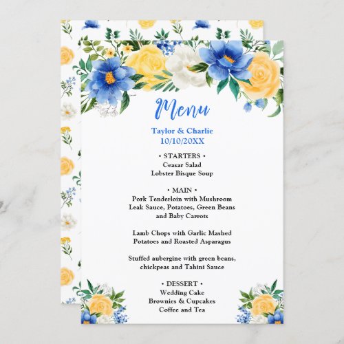 Blue and Yellow Floral Wedding Menu