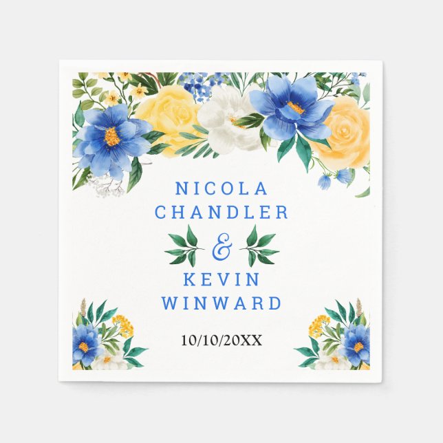 Blue and Yellow Floral Wedding Napkins (Front)