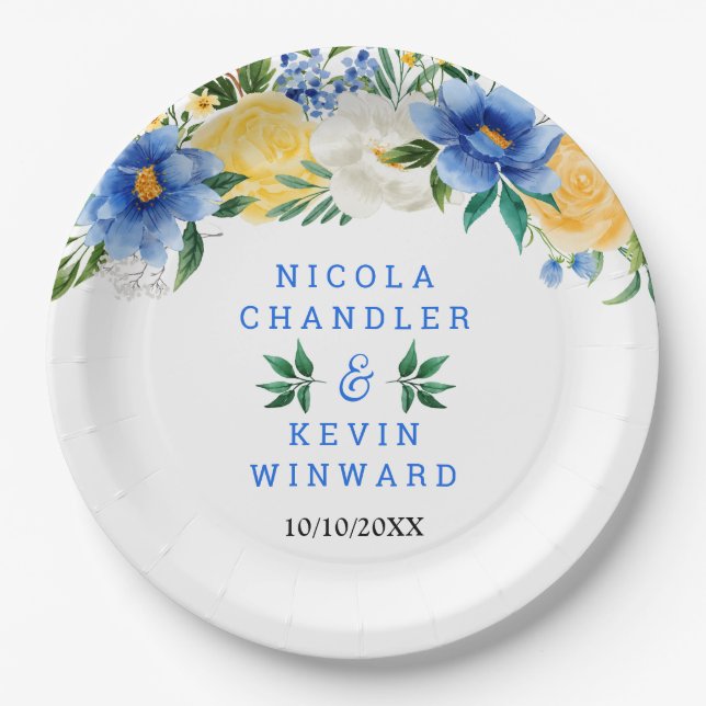 Blue and Yellow Floral Wedding Paper Plates (Front)
