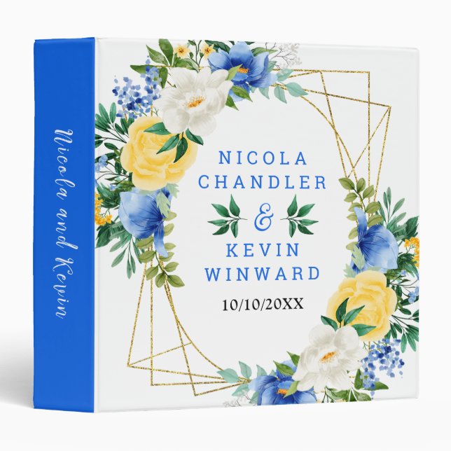 Blue and Yellow Floral Wedding Photo Album 3 Ring Binder (Front/Spine)