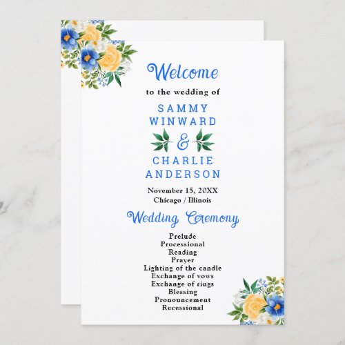 Blue and Yellow Floral Wedding Program