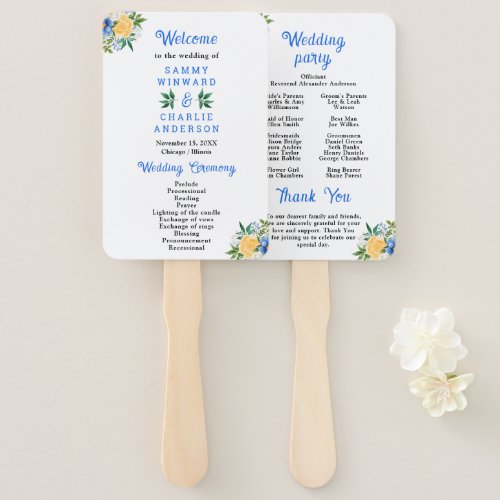 Blue and Yellow Floral Wedding Program Hand Fan