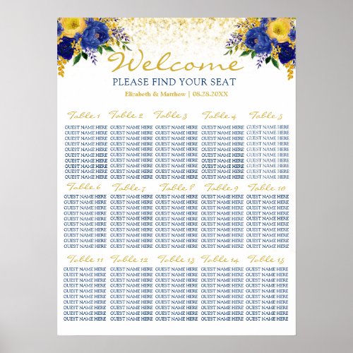 Blue and Yellow Floral Wedding Seating Chart