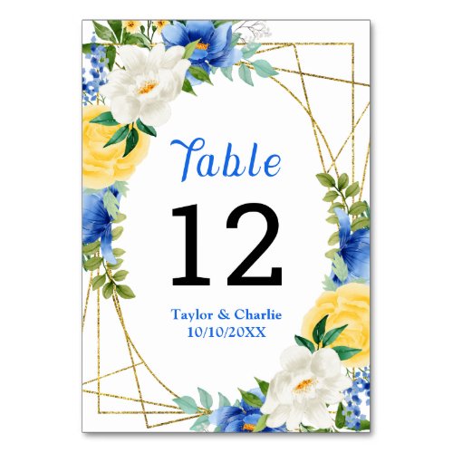 Blue and Yellow Floral Wedding Table Number