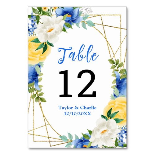 Blue and Yellow Floral Wedding Table Number