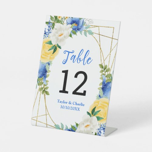 Blue and Yellow Floral Wedding Table Number Pedestal Sign