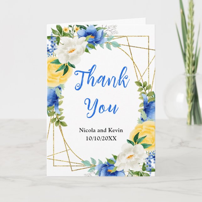 Blue and Yellow Floral Wedding Thank You Card (Front)