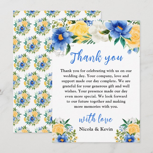 Blue and Yellow Floral Wedding Thank You Card (Front/Back)