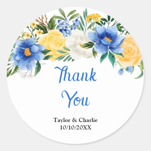 Blue and Yellow Floral Wedding Thank You Classic Round Sticker