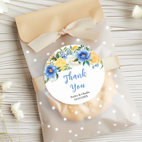 Blue and Yellow Floral Wedding Thank You Classic Round Sticker