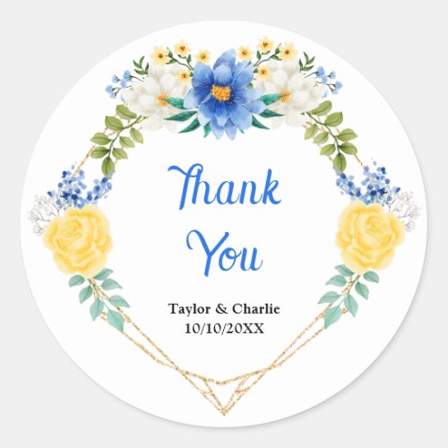 Blue and Yellow Floral Wedding Thank You Classic Round Sticker