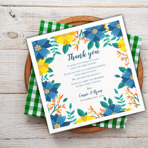 Blue and Yellow Floral Wedding Thank you Message Napkins