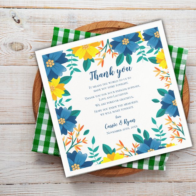 Blue and Yellow Floral Wedding Thank you Message Napkins (Blue and Yellow Floral Wedding Thank you Message Napkins)