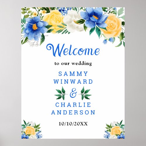Blue and Yellow Floral Wedding Welcome Sign