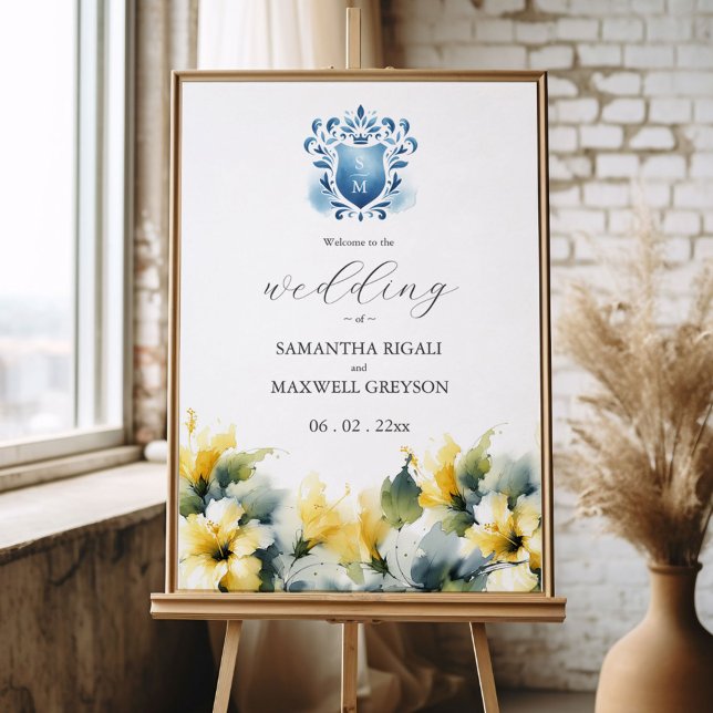 Blue and Yellow Floral Wedding Welcome Signs (wedding welcome signs feature blue monogrammed crest with yellow watercolor hibiscus flowers)