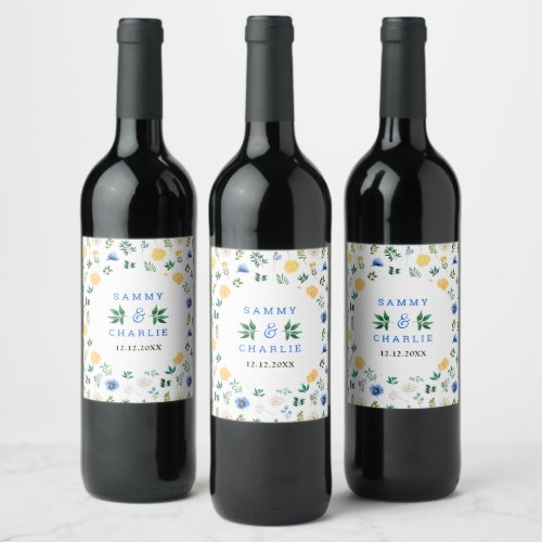 Blue and Yellow Floral Wedding Wine Label
