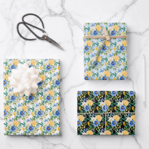 Blue and Yellow Floral Wrapping Paper Sheets
