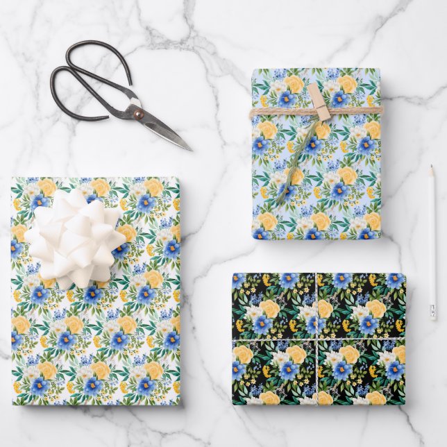 Blue and Yellow Floral  Wrapping Paper Sheets (Front)