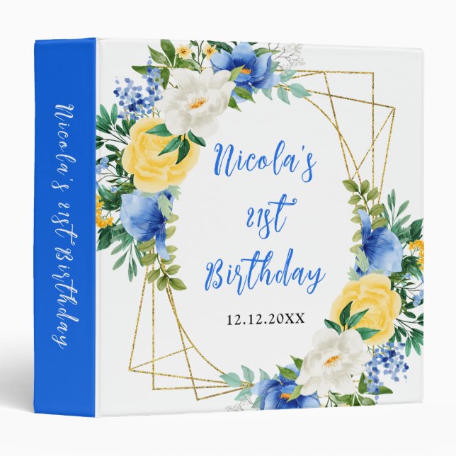 Blue and Yellow Flowers Birthday Party Photo Album 3 Ring Binder (Front/Spine)