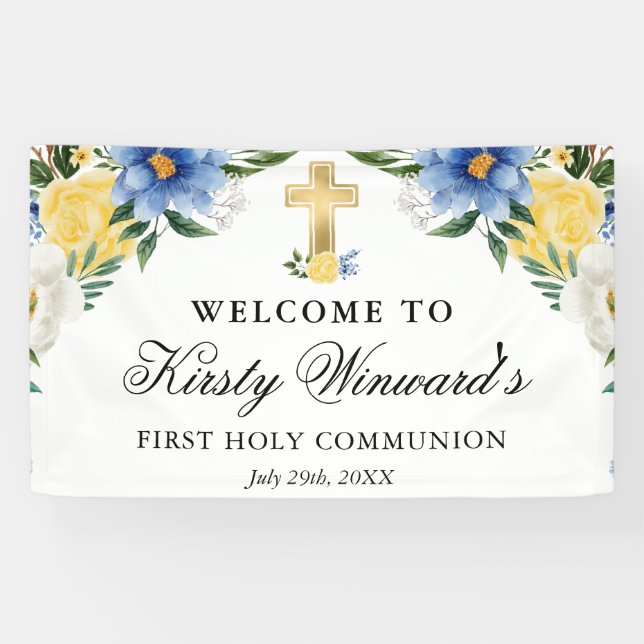 Blue and Yellow Flowers First Holy Communion Banner (Horizontal)