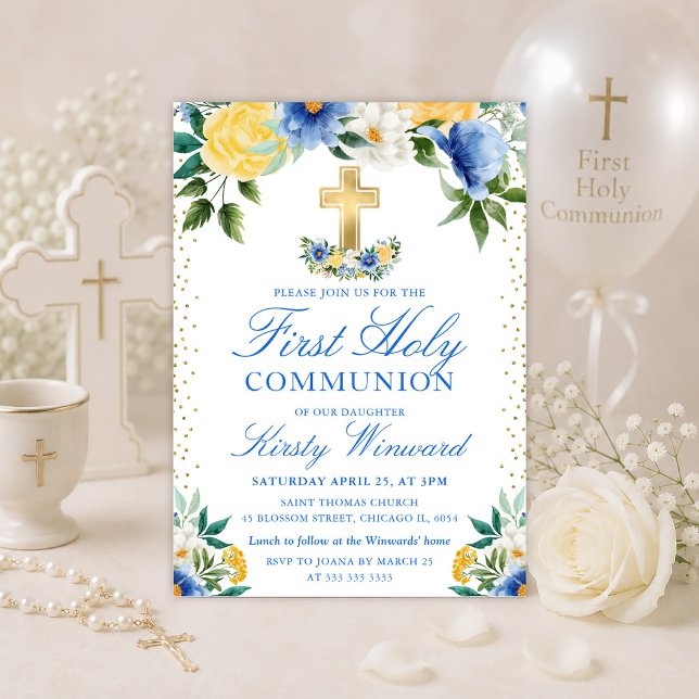 Blue and Yellow Flowers First Holy Communion Invitation (Creator Uploaded)
