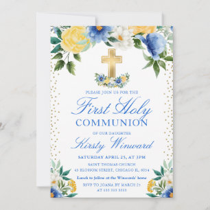 Blue and Yellow Flowers First Holy Communion Invitation