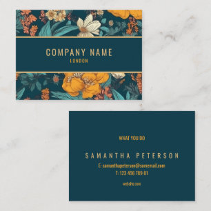 Blue and yellow flowers, gold border business card