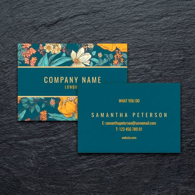 Blue and yellow flowers, gold border business card (Blue and yellow flowers, gold border business card.)