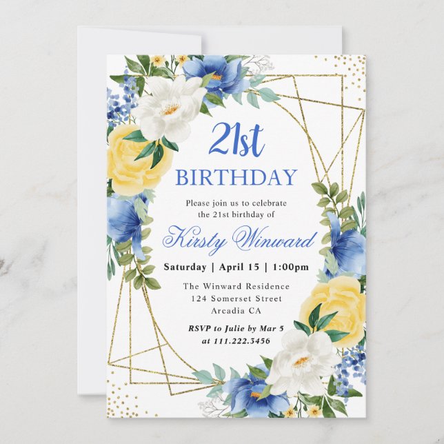 Blue and Yellow Flowers Gold Frame 21st Birthday Invitation (Front)