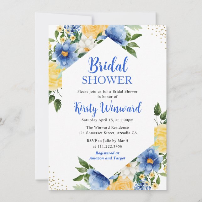 Blue and Yellow Flowers & Gold Frame Bridal Shower Invitation (Front)