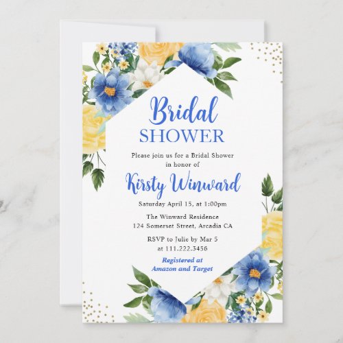 Blue and Yellow Flowers  Gold Frame Bridal Shower Invitation