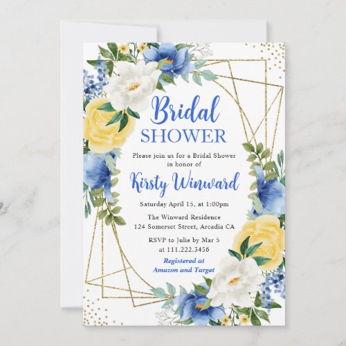 Blue and Yellow Flowers  Gold Frame Bridal Shower Invitation
